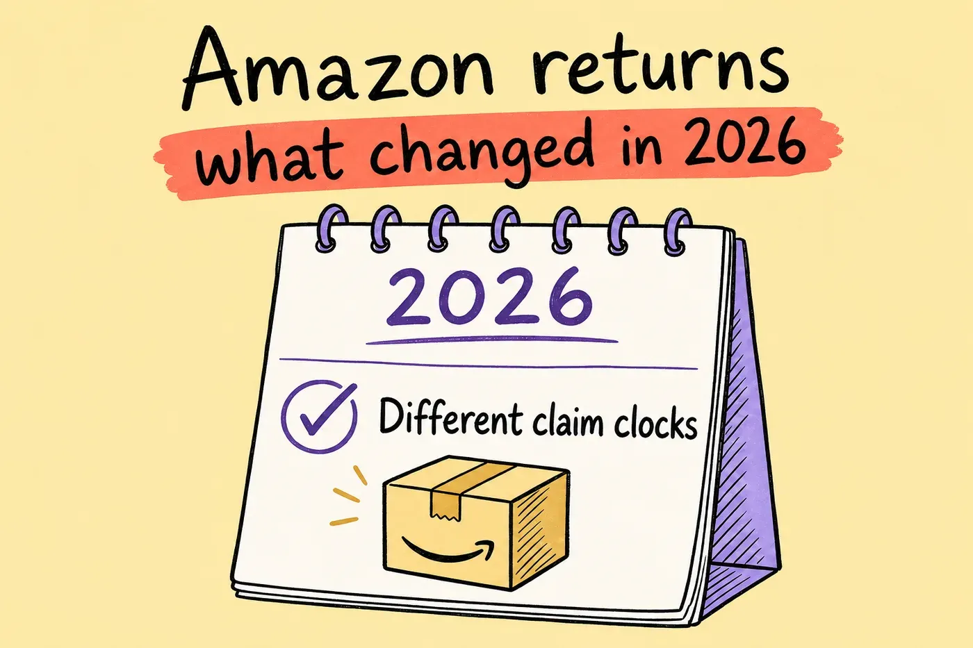 Hand-drawn Amazon returns calendar labeled 2026 and Different claim clocks
