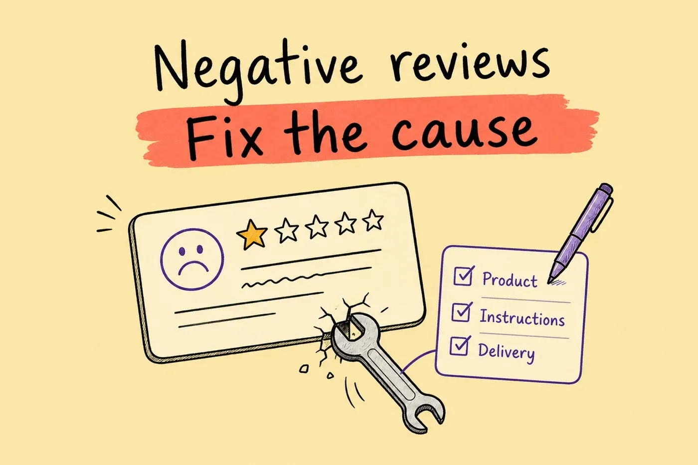 Hand-drawn negative review beside a wrench and an internal product, instructions and delivery checklist