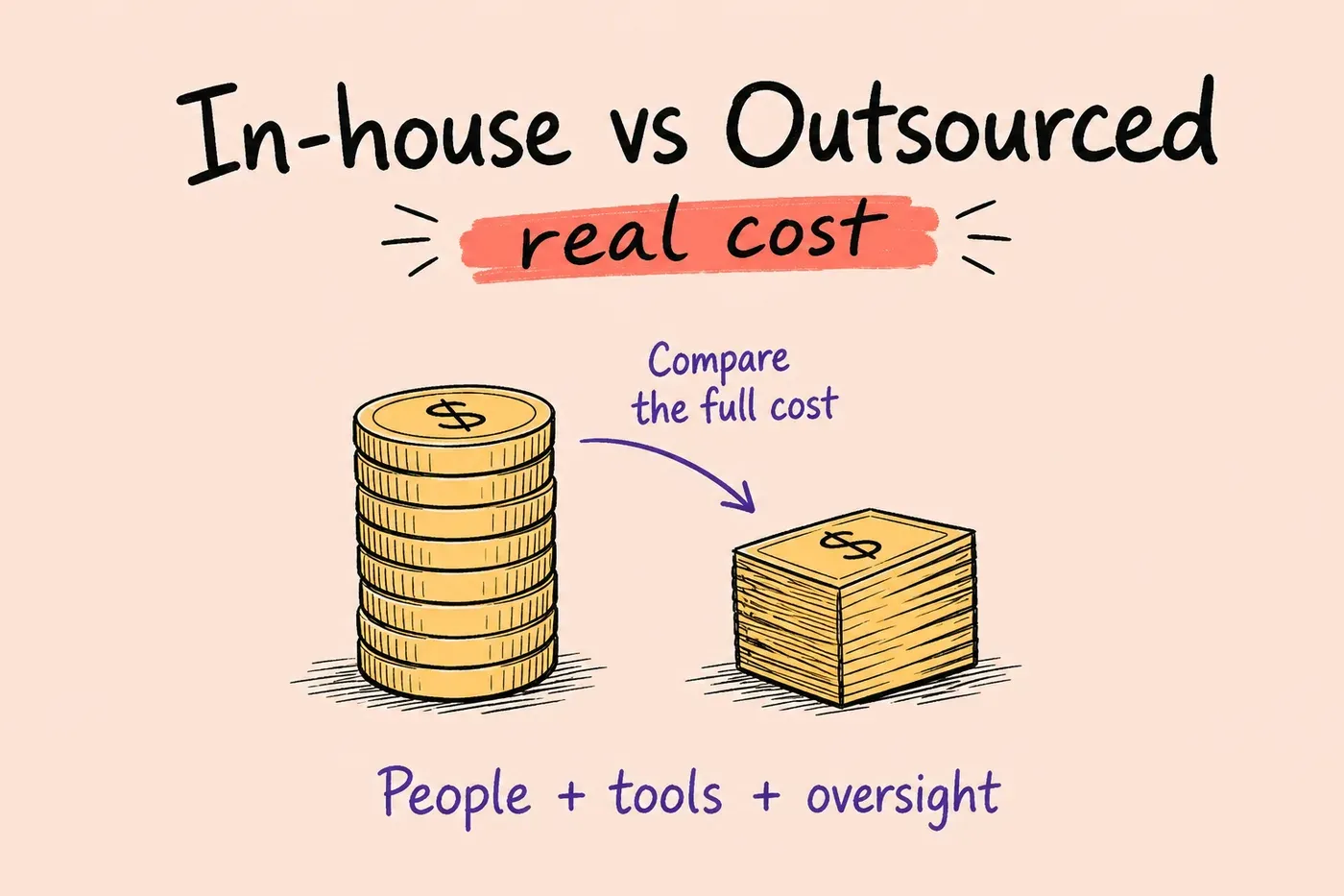 Hand-drawn money stacks comparing people, tools and oversight without a promised savings figure