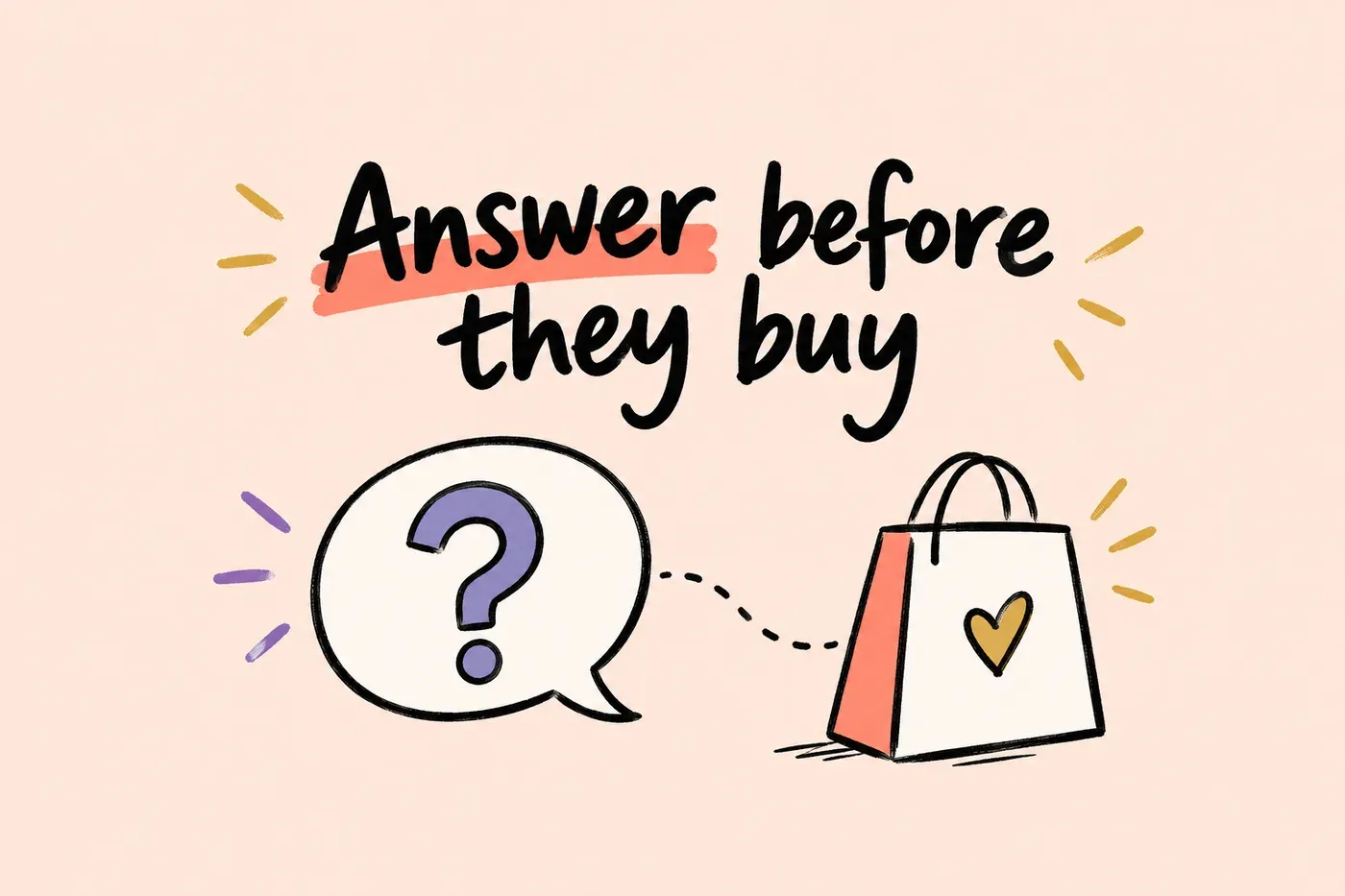 Hand-drawn speech bubble with a question mark joined by a dotted line to a shopping bag