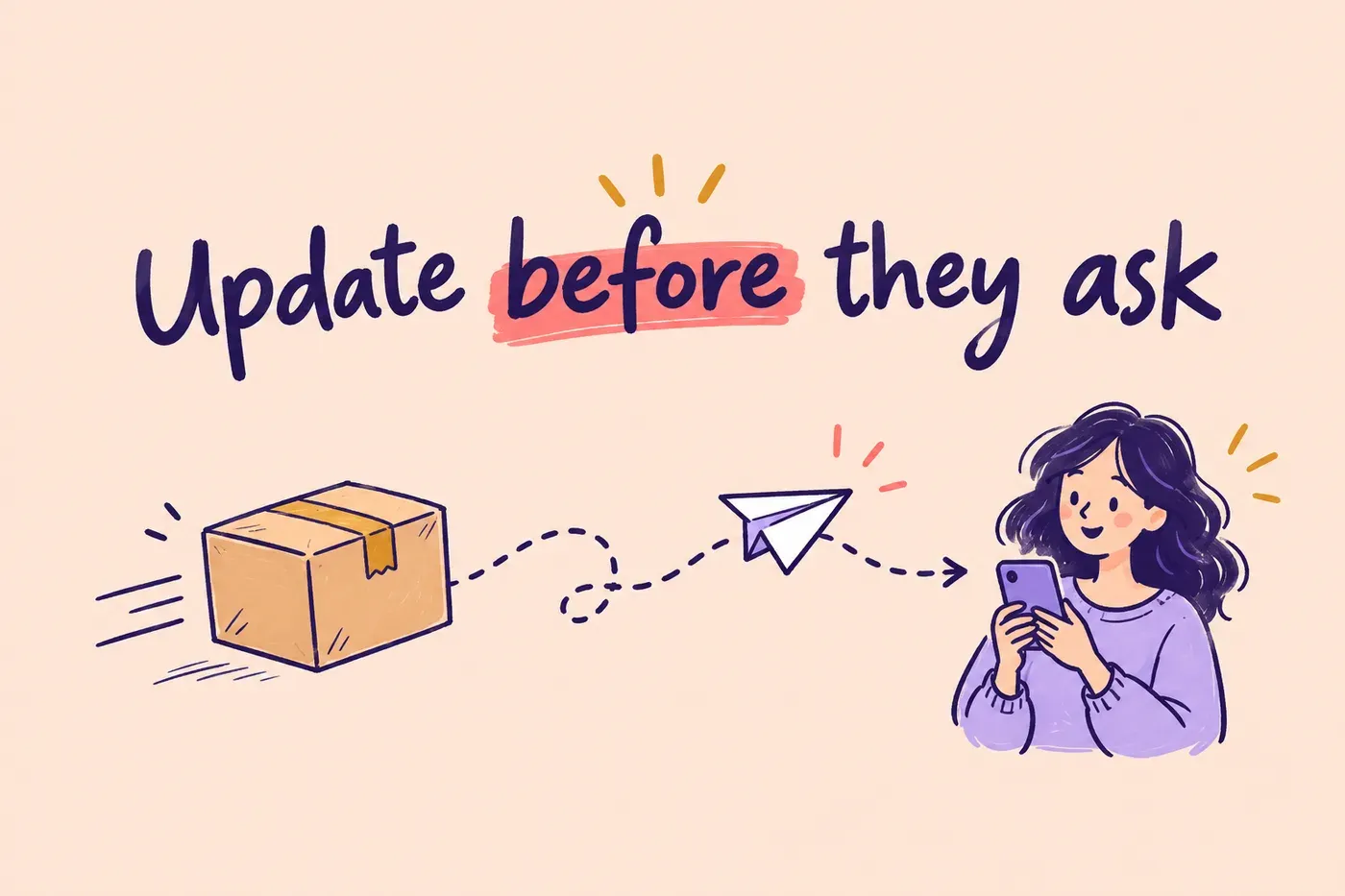 Hand-drawn parcel on a dotted route with a paper-plane message flying ahead to a customer holding a phone