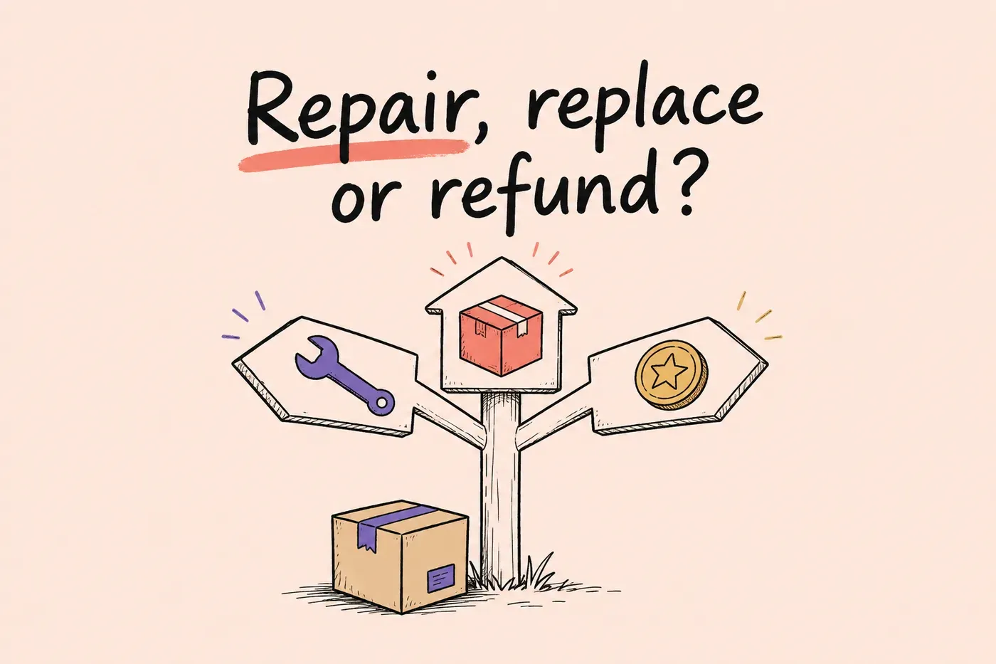 Hand-drawn parcel beside three routes leading to a wrench, replacement box and coin