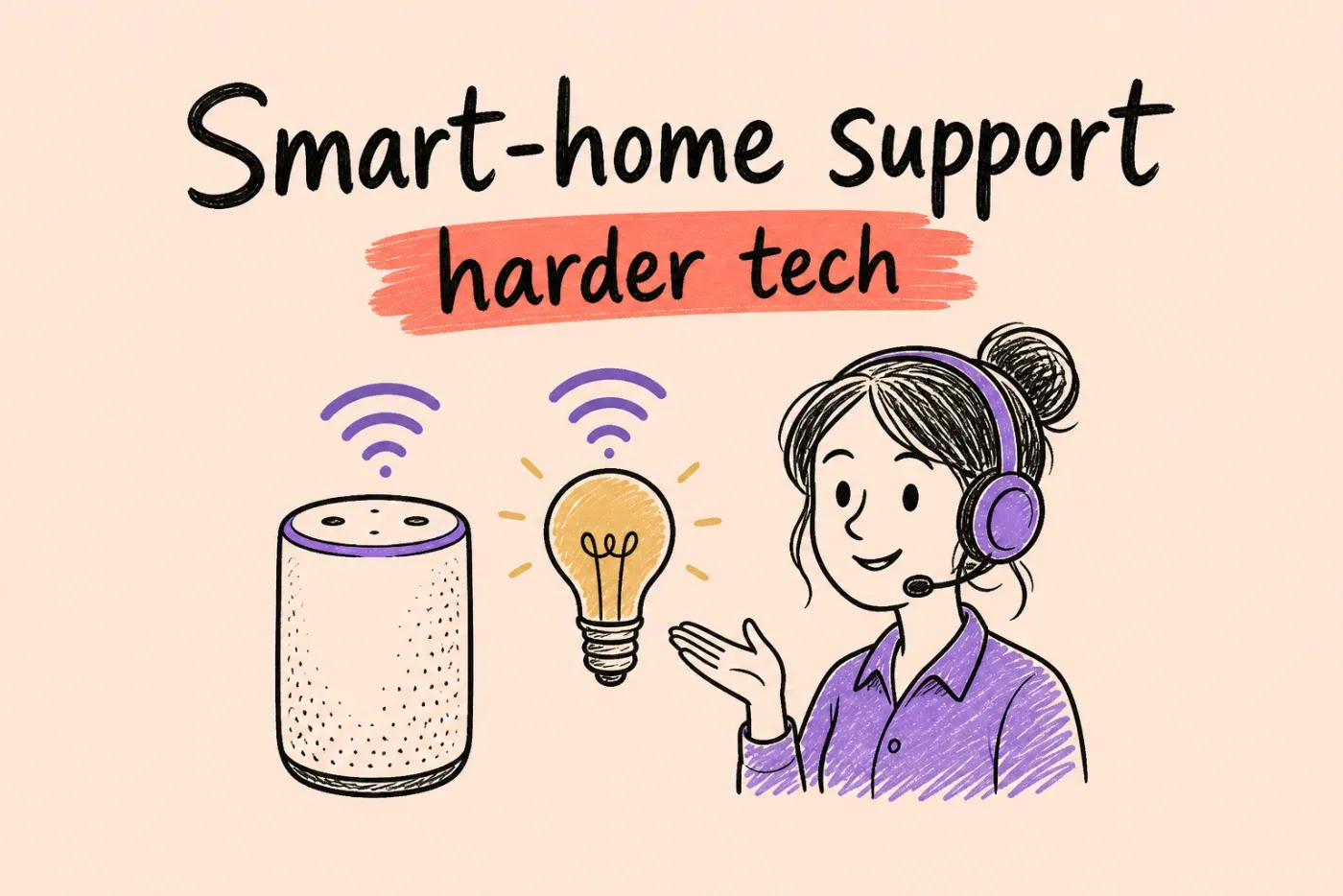 Illustration of a smart speaker and lamp with wireless arcs and a floating heart