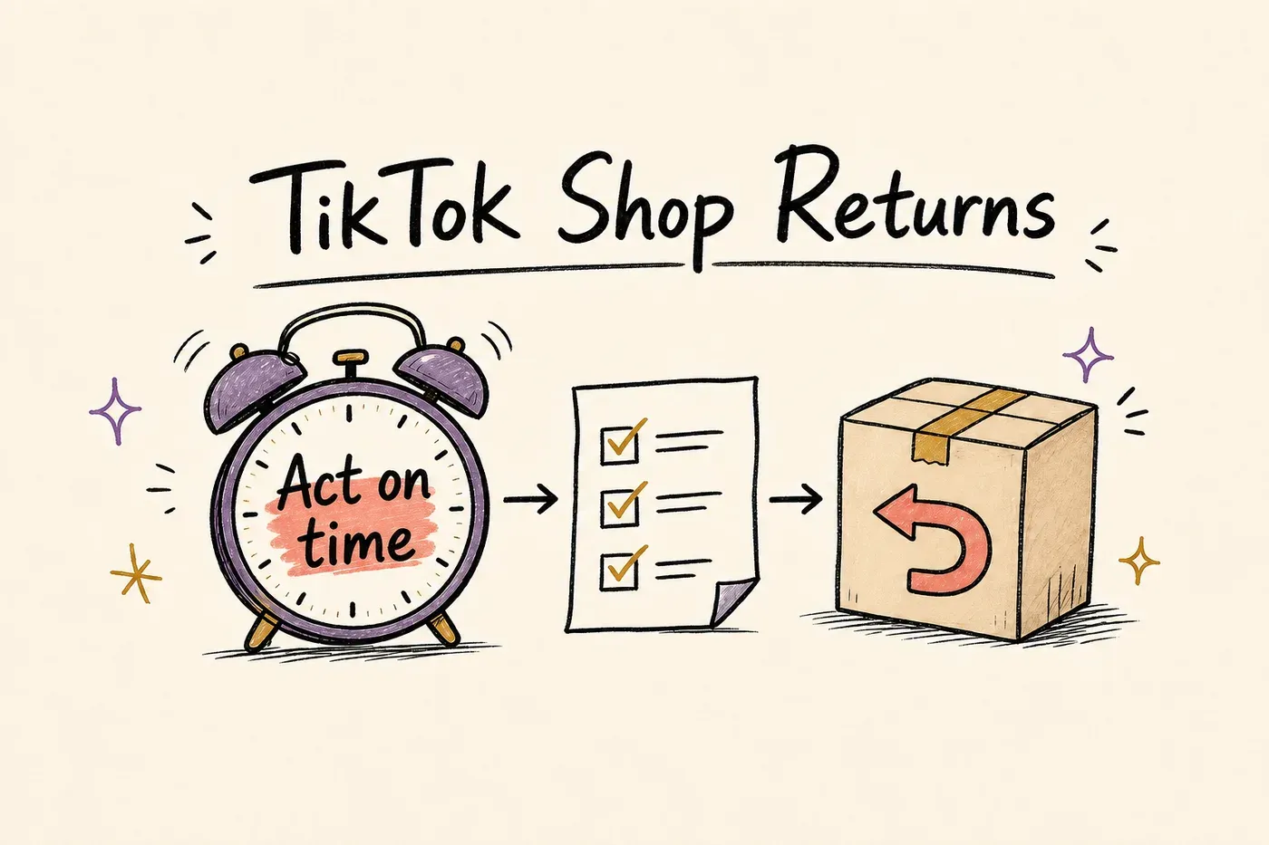 Hand-drawn TikTok Shop returns clock labeled Act on time beside a checklist and parcel