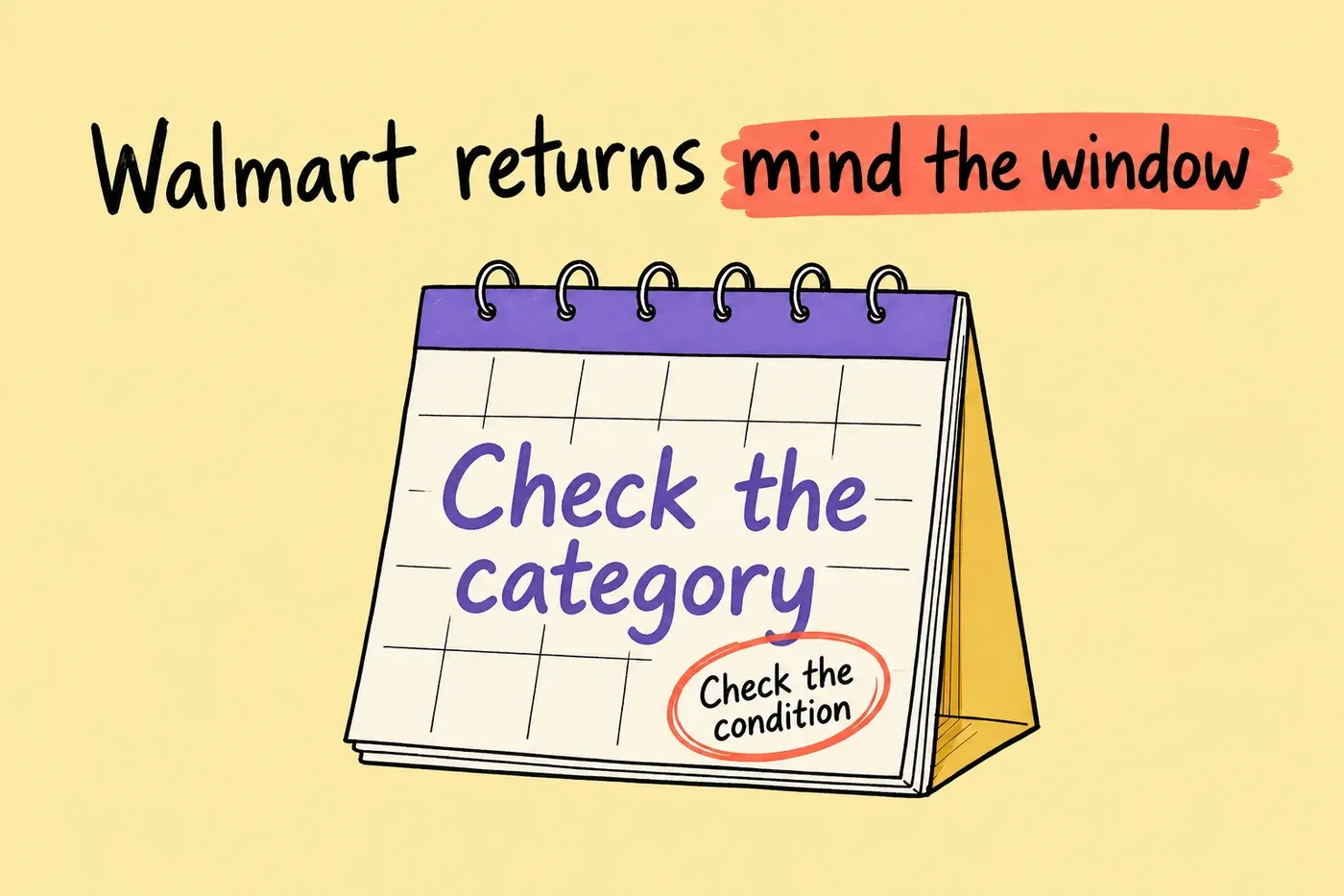 Hand-drawn Walmart returns calendar reminding sellers to check the category and condition
