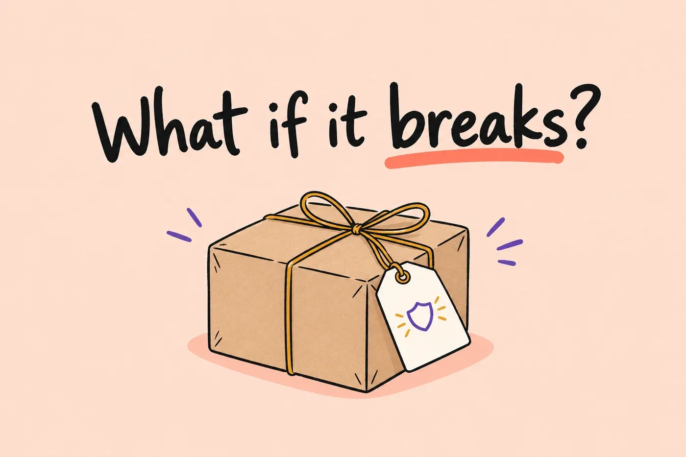 Hand-drawn gadget box with a small promise card tied to it, under the headline What if it breaks?